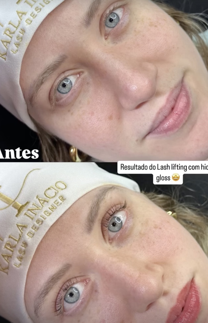 Antes e depois de lash lifting com hydra gloss
